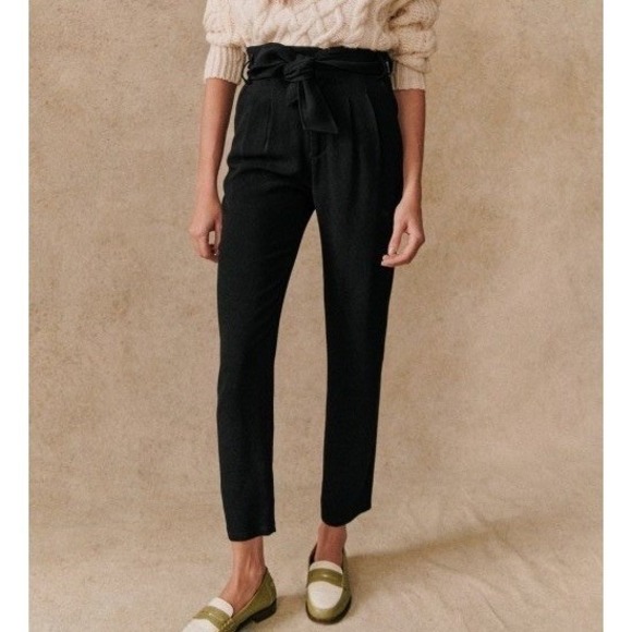 Sezane Austin Trousers Size 6 Medium / 38 Black Ankle Belt Bow Pants Paris Slack - Picture 1 of 11